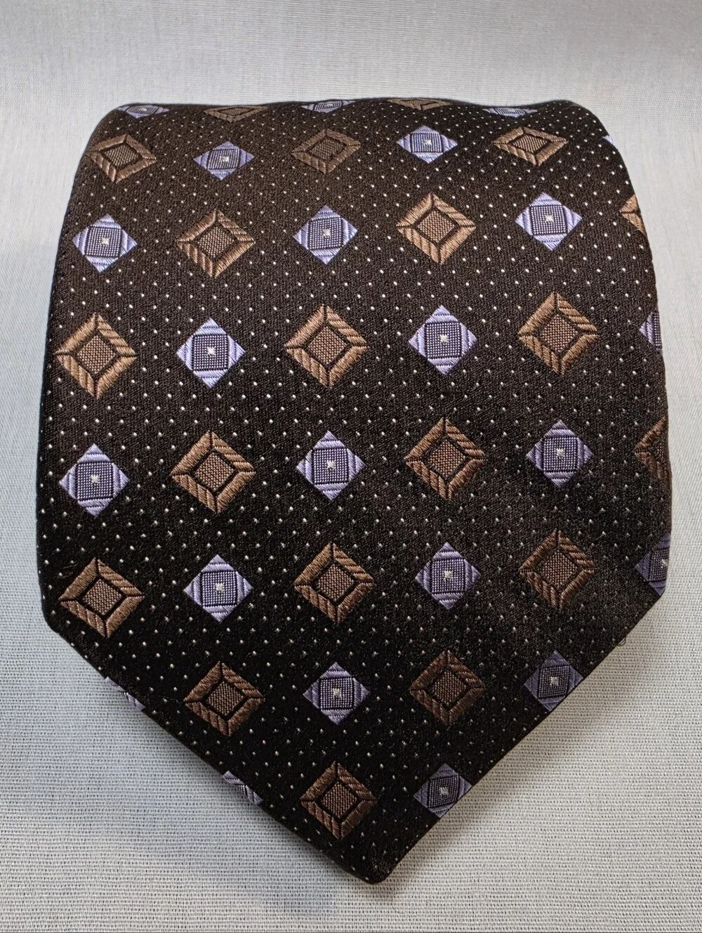 Mens Ike Behar Brown Tie with Silver & Tan Geometric Motif Necktie